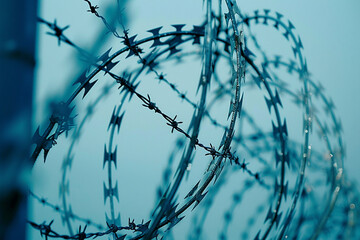 this photo shows several razor wire fences, in the style of light sky-blue and black