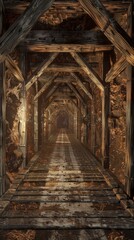 Abandoned wooden mine shaft tunnel with reinforced beams