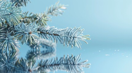 Blue spruce branch on shiny surface with empty area