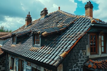 A house with a slanted roof and a chimney. The roof is made of tiles and the chimney is made of bricks