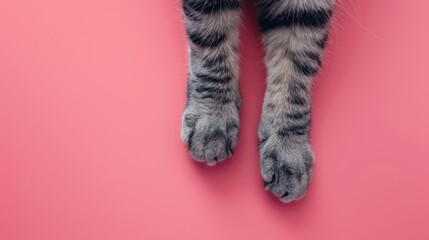 Gray cat s paws and black striped tail on pink background from above Pet care theme with space for text