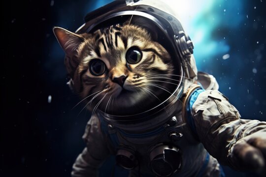Adorable tabby cat in astronaut suit exploring space with wide eyes and expressive face, surrounded by stars and cosmic glow.