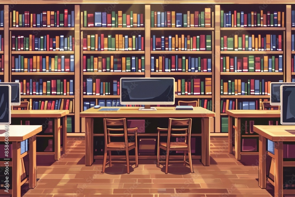 Leinwandbilder a brightly lit student library with rows of bookshelves filled with books and computers on desks rea