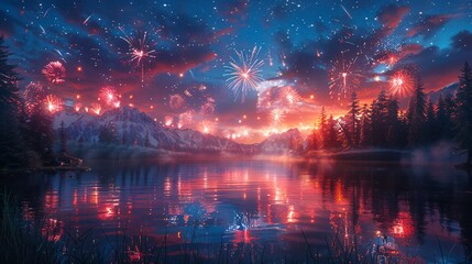 Fireworks Over Mountain Lake.