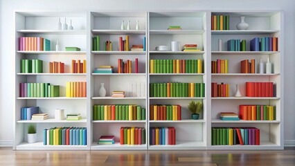 Modern book display on sleek white shelves, neatly organized and arranged, showcasing titles with vibrant covers, against a clean and minimalist background.,hd,8k