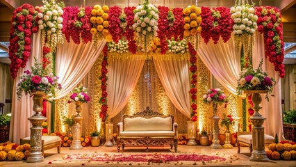 Intricately decorated indian wedding altar adorned with vibrant flowers, golden ornaments, and elegant fabrics, set against a warm, softly lit, ornate backdrop.,hd,8k