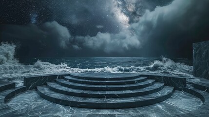 A circular stage set against gently undulating waves, with a distant celestial view.