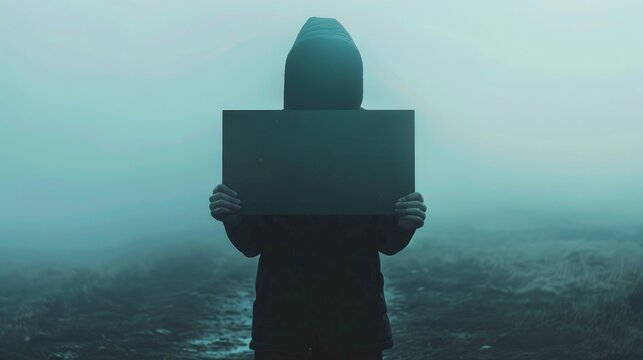 A faceless figure holding a blank rectangular placard in a surreal misty landscape.