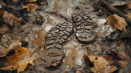 Obraz premium Boot prints in mud with leaves and twigs around.