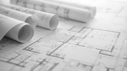 Detailed house plans with rolled blueprints, add notes and sketches next to the diagrams.