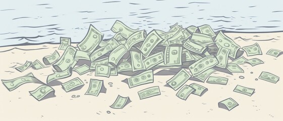 A large pile of money scattered on a sandy beach, with the sea in the background, representing wealth and fortune.