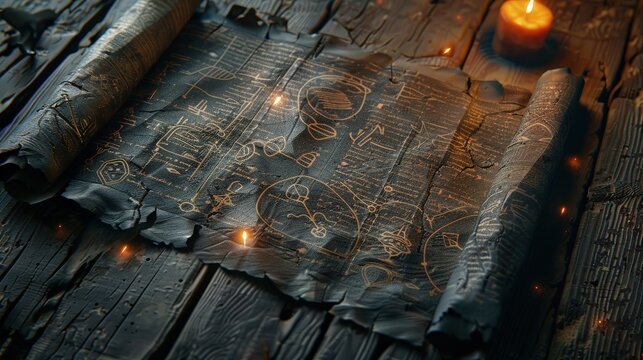 Mysterious ancient scroll with cryptic symbols and faint glowing runes, old wooden table background