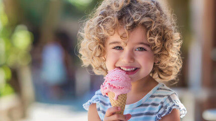 Happy curly-haired child delighting in a pink ice cream cone on a sunny day outdoors