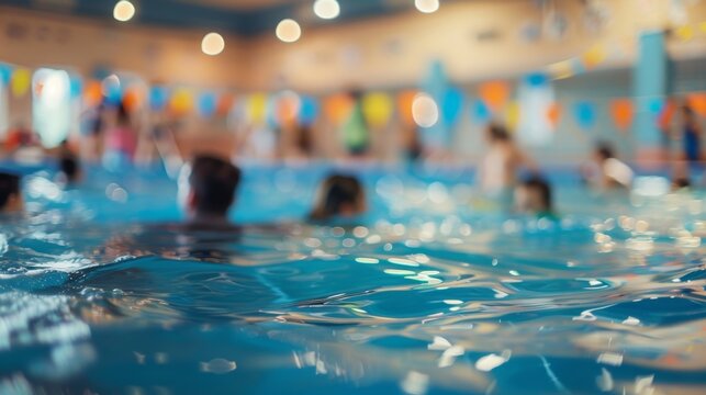 Defocused scene of a vibrant indoor pool party where people are enjoying a refreshing dip.