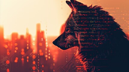 A digital illustration of a wolf with programming codes overlay, set against an abstract cityscape background at sunset.