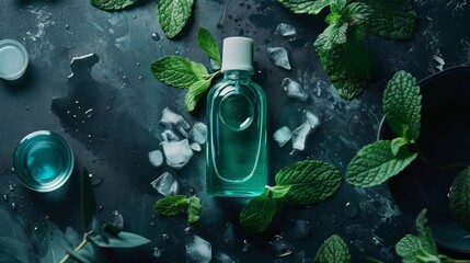 Mint mouthwash bottle with fresh mint leaves and ice on a dark background.