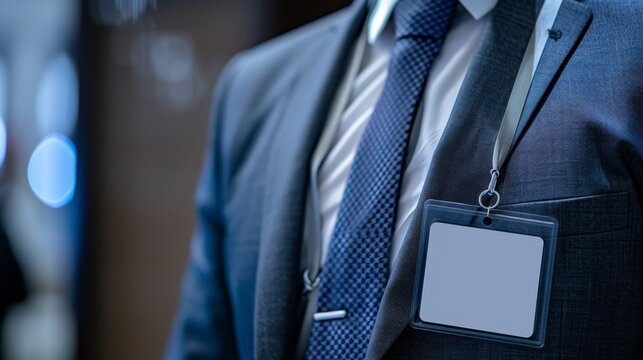 Close up of a businessman in a suit wearing a blank name tag.