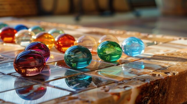 Classic Mancala Game with Glass Pieces on Tile Surface