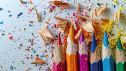 Fototapeta premium Colorful pencils and wood shavings with graphite crumbs on white background Minimal creative idea