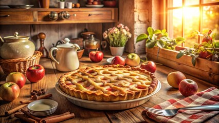 Warm sunlight illuminates a cozy kitchen scene featuring a lovingly prepared homemade apple pie, surrounded by vintage utensils and rustic decorations.,hd,8k
