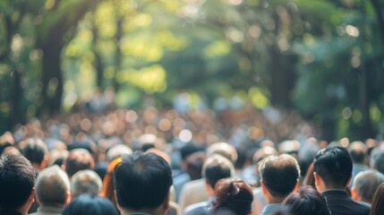 A sea of indistinguishable faces sit in front of a blurred backdrop of trees united in their faith at the outdoor church service.