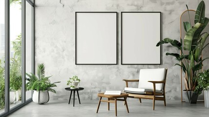Stylish Living Room Wall Poster Mockup, ISO A Paper Size, Modern Interior Design, 3D Render