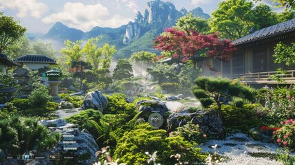 Fototapeta premium Traditional Asian mountain landscape with serene gardens, pagodas, and rich greenery, ideal for travel or cultural website headers.
