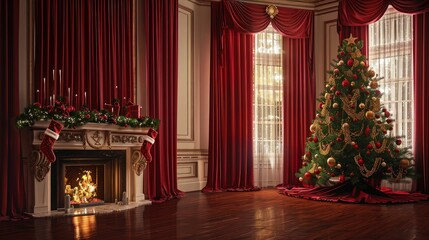 A warm festive room featuring deep red curtains, a Christmas tree adorned with gold and red ornaments beside a crackling fireplace, evoking a traditional holiday spirit.