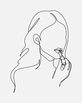 recommend clip art: Beautiful woman applying lipstick to her lips with one line drawing style vector illustration.