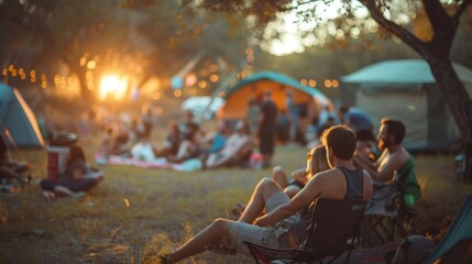A hazy scene of campers enjoying the music and outdoor festivities.