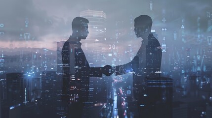 Silhouettes of Two Men Shaking Hands Against a City Skyline