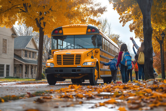 Children Boarding School Bus on a Sunny Autumn Morning