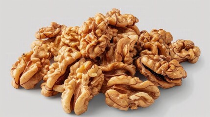 Fototapeta premium A small pile of shelled walnut halves creates an appealing healthy snack presentation isolated on a simple light gray background for cookbooks.