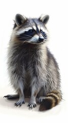 Raccoon standing on a white background, detailed fur, wildlife concept