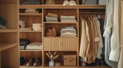 Minimalist Wardrobe - Open wardrobe with light wood shelves, neatly arranged clothes in neutral tones, and a few decorative storage boxes