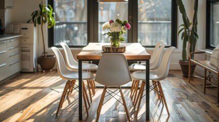 Modern Dining Set - Light wood table with black metal legs, white chairs with light wood legs, and a simple centerpiece of fresh flowers