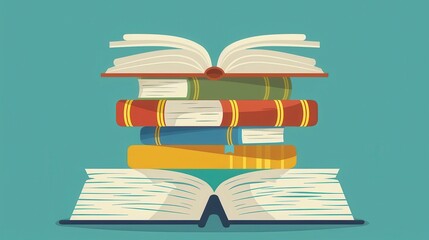 Illustration of a stack of colorful books with two open books on the top and bottom, evoking themes of creativity, learning, and literary exploration. Perfect for educational content.