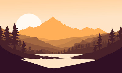 Vector orange mountain landscape with clear sky, sunset behind the mountains and silhouettes of trees and calm lake water