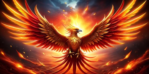 Phoenix bird fire fantasy firebird abstract magic 3D eagle animal. Phoenix bird fire tale character illustration render hawk fairy wings graphic feather gold background fenix logo icon red art pheonix