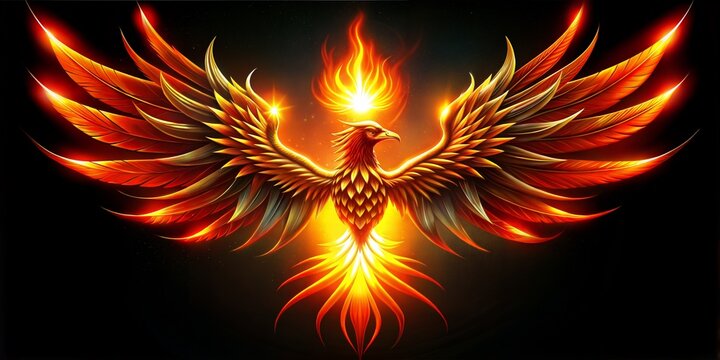 Phoenix bird fire fantasy firebird abstract magic 3D eagle animal. Phoenix bird fire tale character illustration render hawk fairy wings graphic feather gold background fenix logo icon red art pheonix