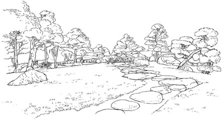 Obraz premium 漫画風ペン画イラスト 和風_庭園