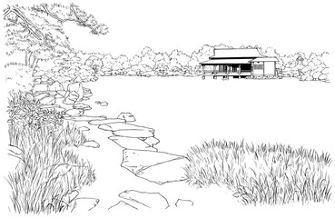 漫画風ペン画イラスト　和風_庭園