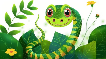 An illustration of a smiling green snake with large eyes, peeking through dense jungle foliage, exuding friendliness and curiosity. The setting is vibrant and engaging.