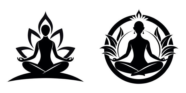 Meditation yoga silhouette vector Illustration logo icon clipart Black and white