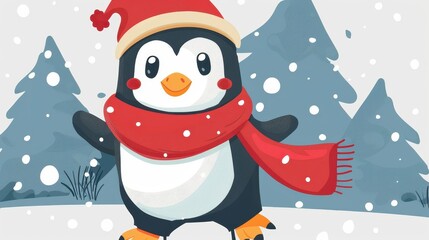 Cartoon illustration of a festive penguin wearing a red hat and scarf, standing in a snowy setting with pine trees. Capturing the essence of winter and holiday cheer.