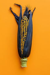 Fototapeta premium A blue and yellow corn on the cob laying flat, product photography, on an orange background.Minimal creative food concept