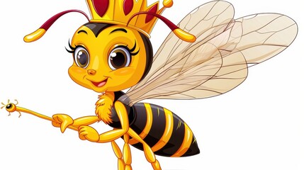 This cartoon illustration features a bee queen adorned with a crown and holding a scepter. The brightly colored, cartoonish style gives a whimsical feel to the character.