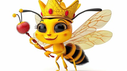 A cartoon bee queen holding a staff is featured in this illustration. The character, adorned with a crown and vibrant colors, stands out against a white background.