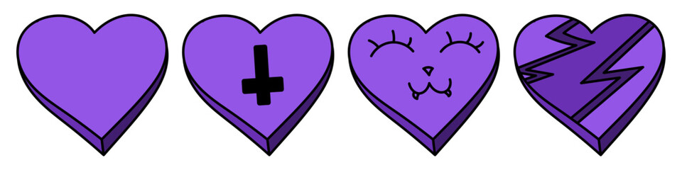 Set of purple hearts illustration. Hearts in Goth style with a cross, cat and lightning. Vector isolated on white background.