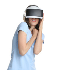 Woman using virtual reality headset on white background